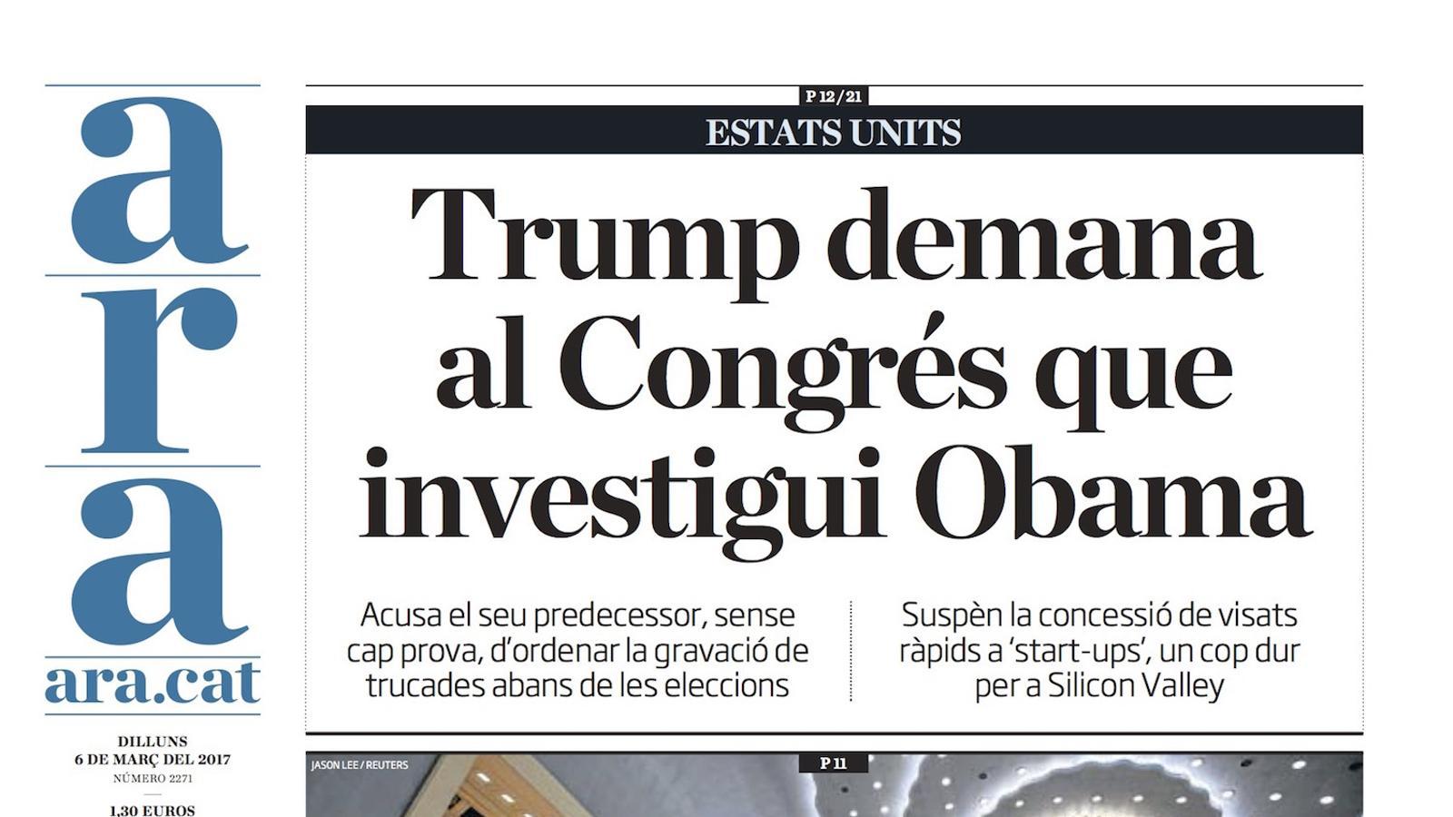 "Trump demana al Congrés que investigui Obama", portada de l'ARA