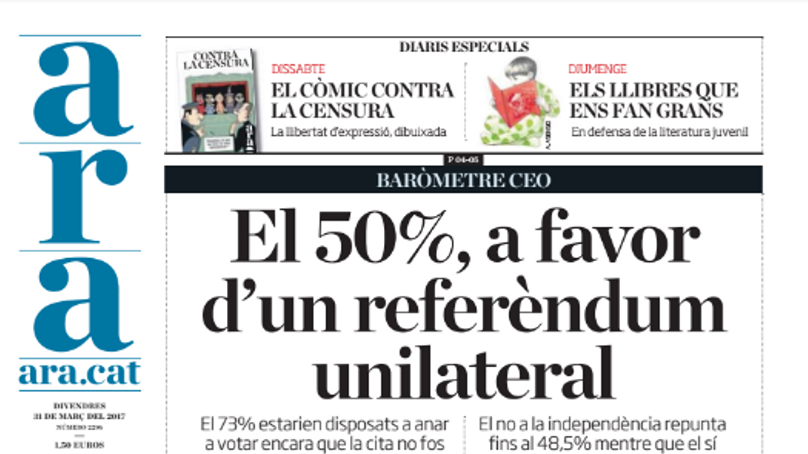 "El 50%, a favor d'un referèndum unilateral", portada de l'ARA d'aquest divendres
