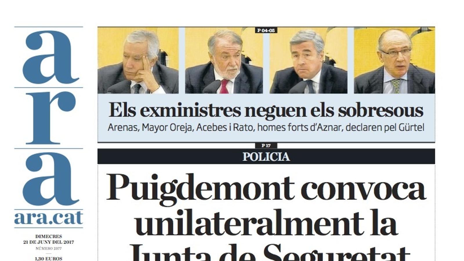 "Puigdemont convoca unilateralment la Junta de Seguretat", portada de l'ARA
