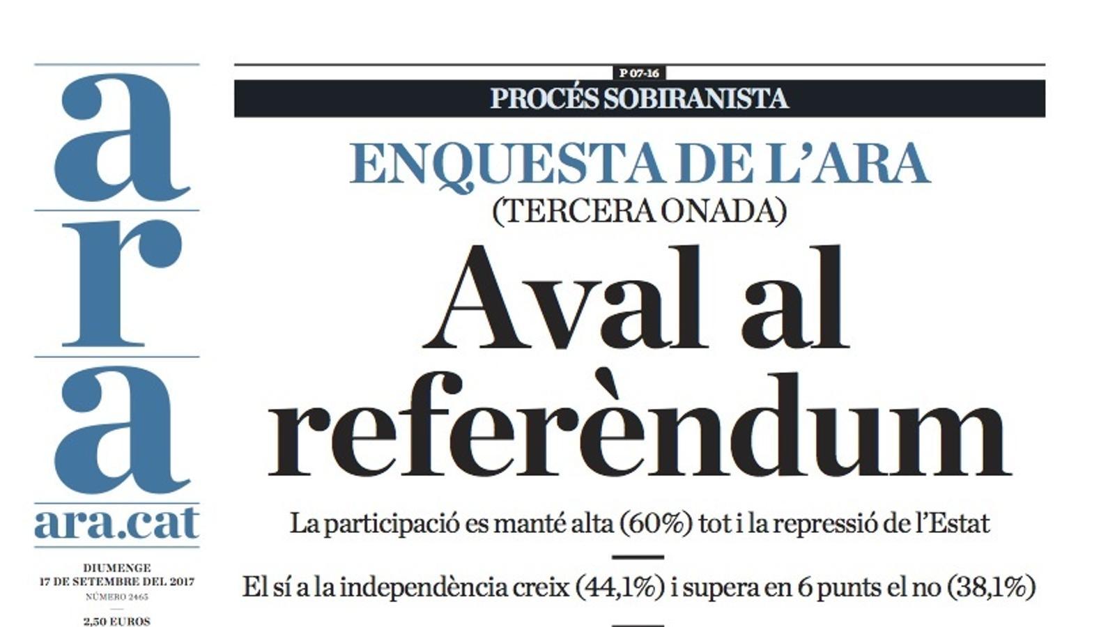 "Aval al referèndum", la nova enquesta de l'ARA a la portada d'aquest diumenge