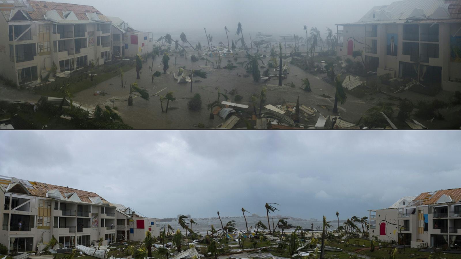 Un hotel de l'illa de Sant Martí, a les Antilles, durant i després del pas de l''Irma'. / LIONEL CHAMOISEAU / AFP