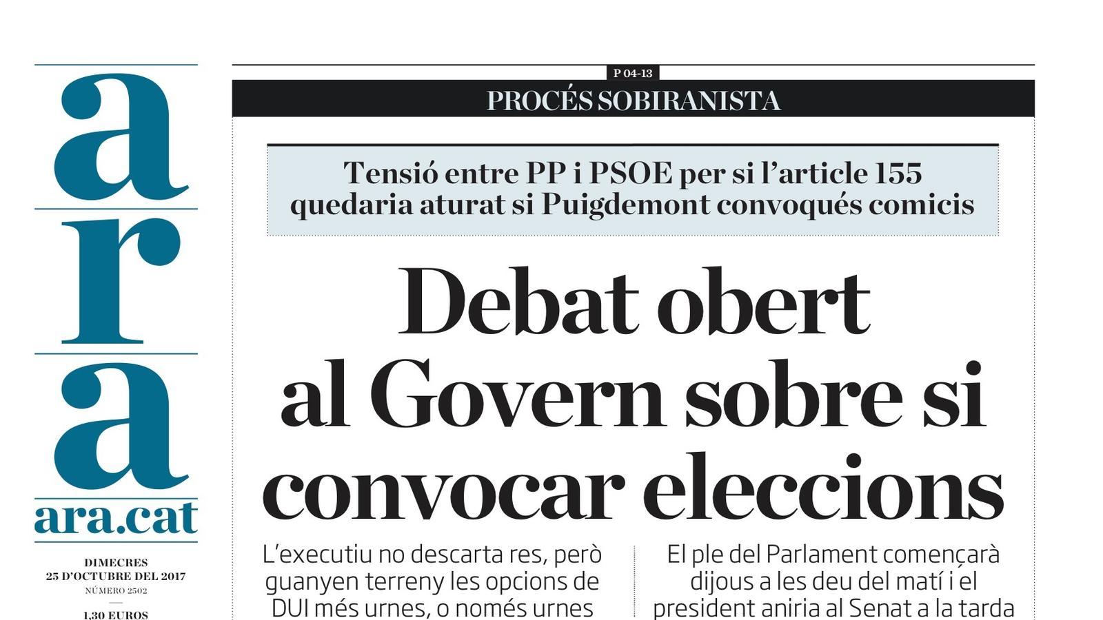 "Debat obert al Govern sobre si convocar eleccions", la portada de l'ARA