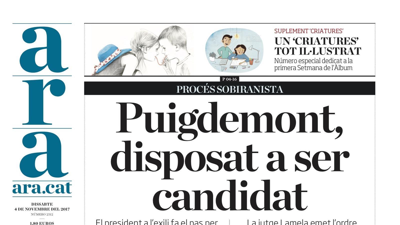 "Puigdemont, disposat a ser candidat", la portada de l'ARA