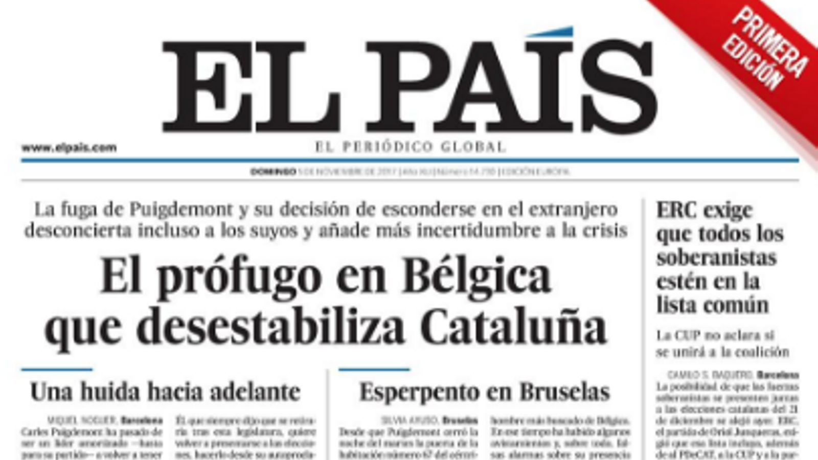 "El pròfug a Bèlgica que desestabilitza Catalunya", titula 'El País'