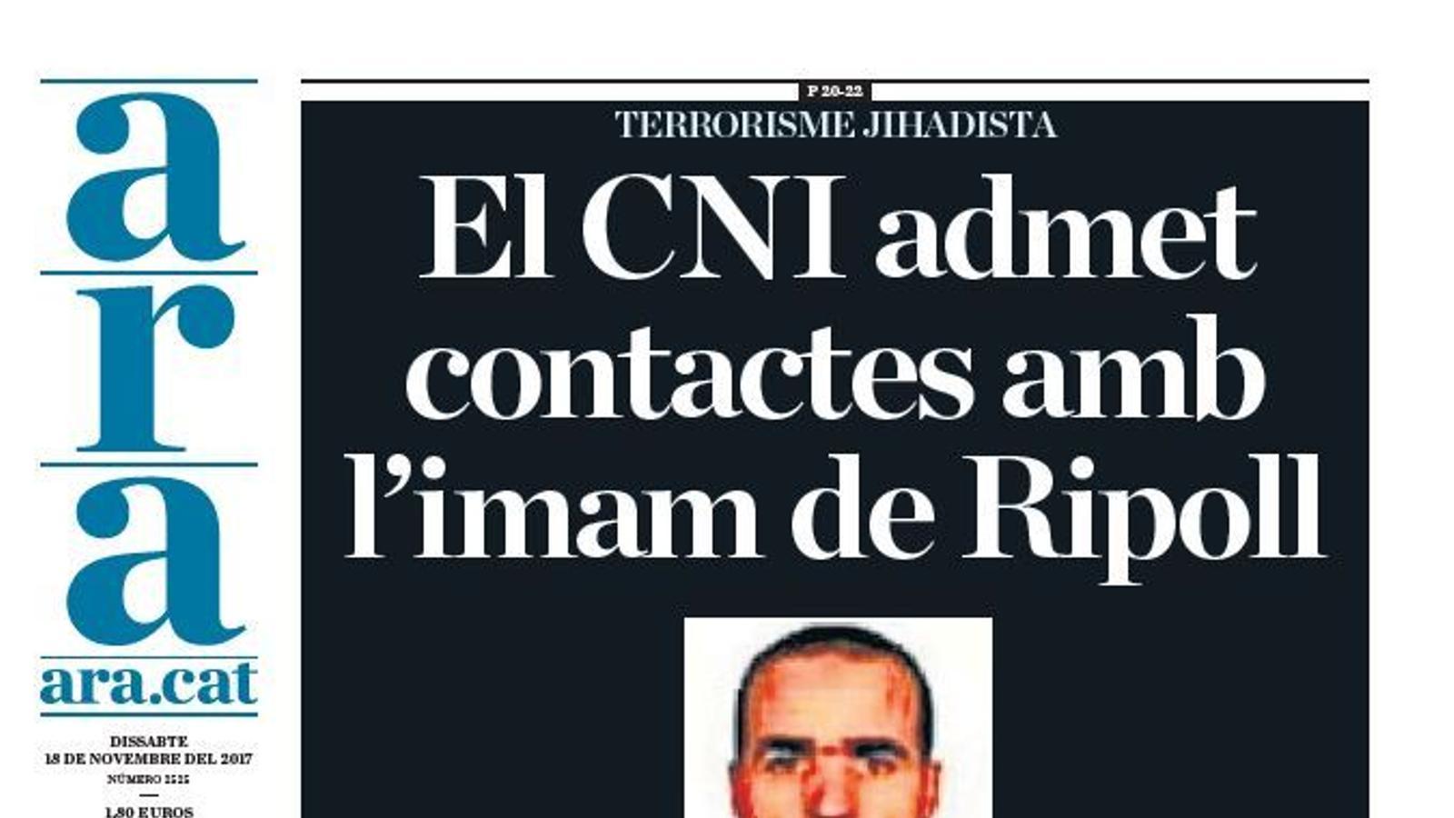 "El CNI admet contactes amb l'imam de Ripoll", portada de l'ARA
