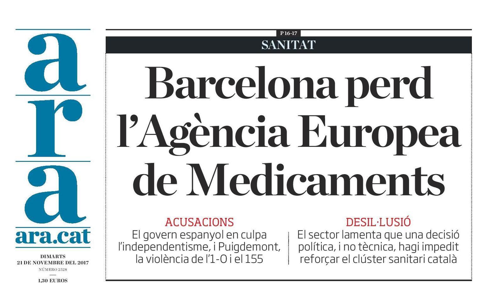 "Barcelona perd l'Agència Europea de Medicaments", portada de l'ARA