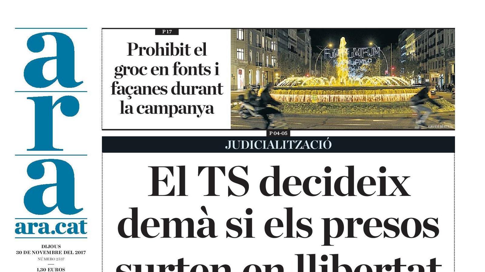 "El TS decideix demà si els presos surten en llibertat", portada de l'ARA