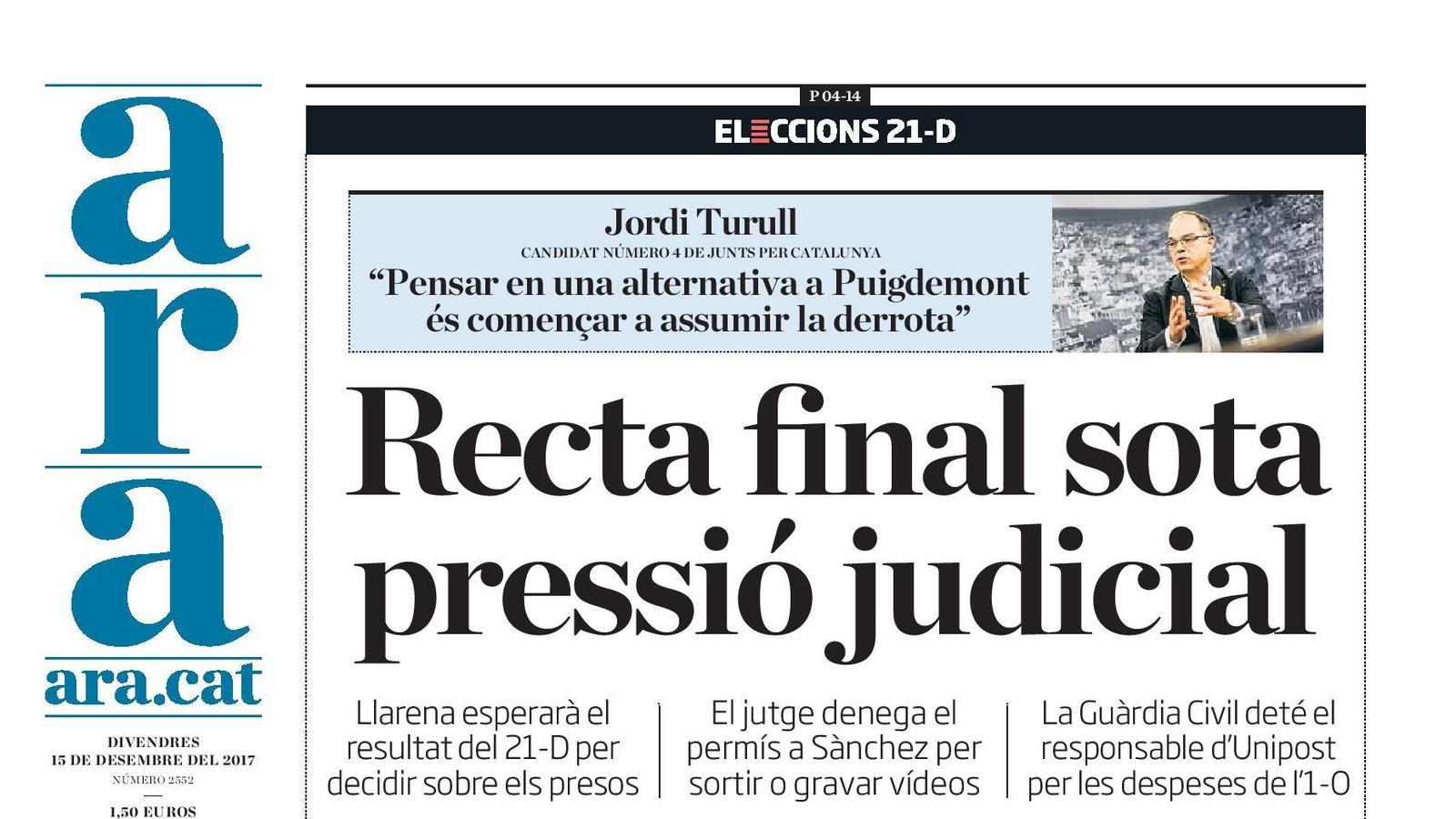 "Recta final sota pressió judicial", portada de l'ARA