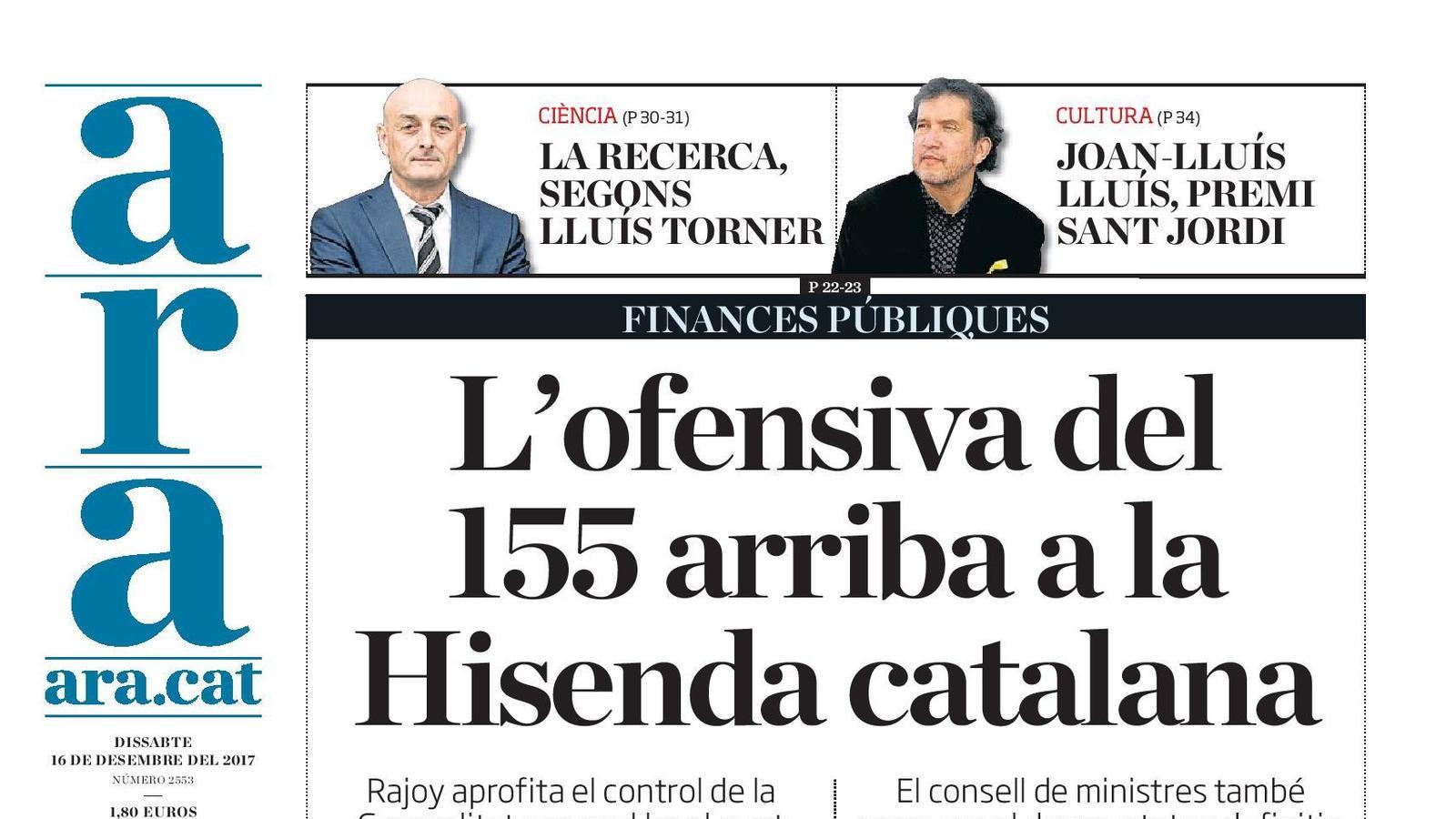 "L'ofensiva del 155 arriba a la Hisenda catalana", portada de l'ARA