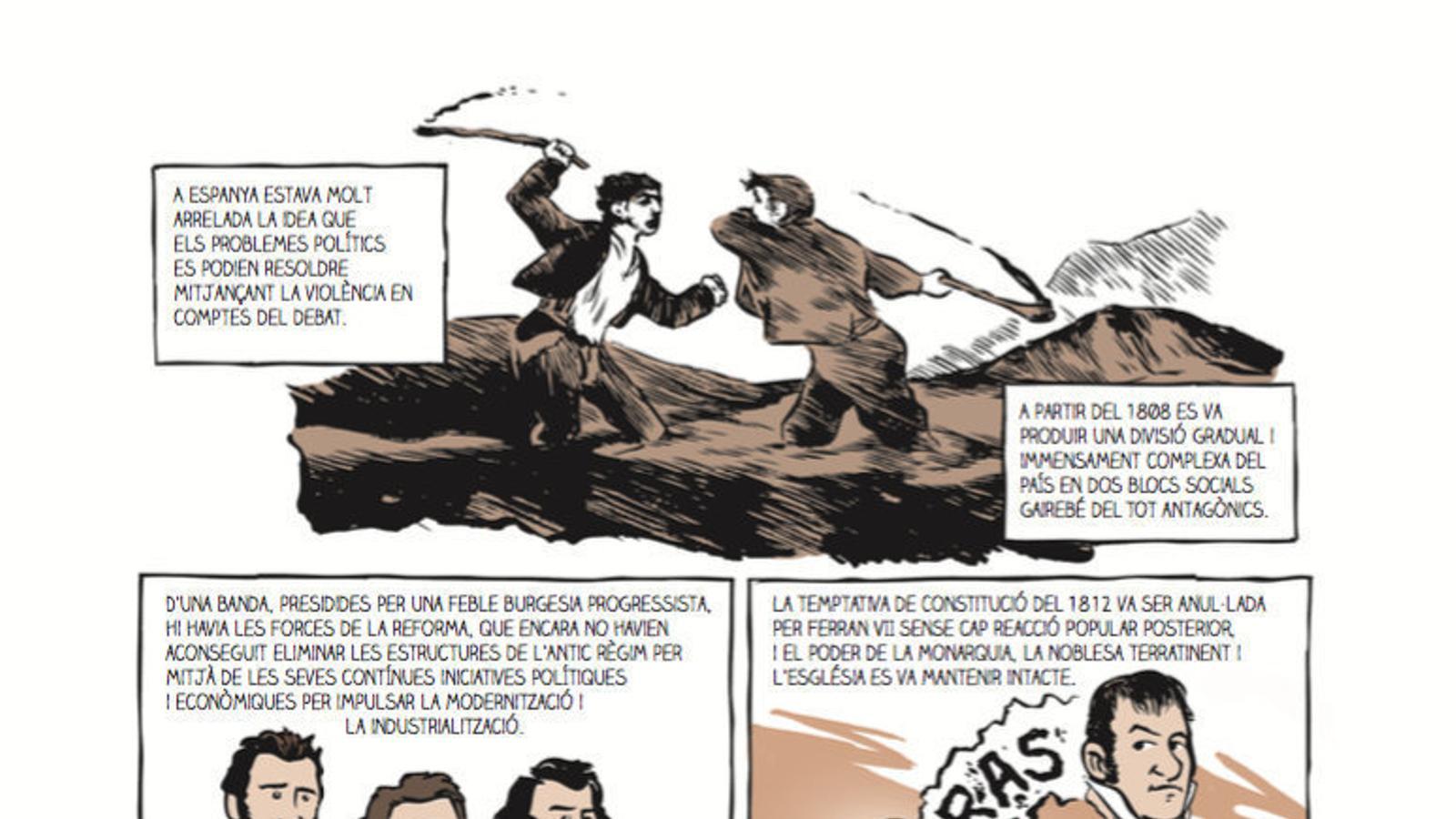 D’esquerra  a dreta,  la il·lustració inspirada en Goya amb què comença el còmic, la proclamació de la II República, l’aprovació de la Constitució de 1931 i els enfrontaments bèl·lics. / EDITORIAL BASE