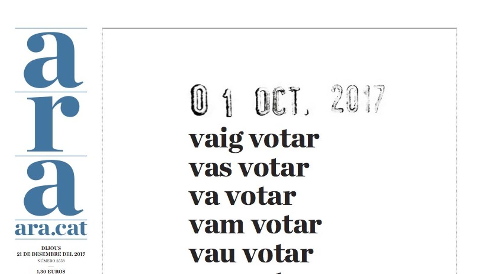 "1 oct 2017 / 21 des 2017: votem", portada de l'ARA