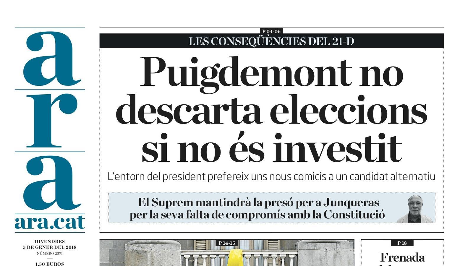 "Puigdemont no descarta eleccions si no és investit", portada de l'ARA