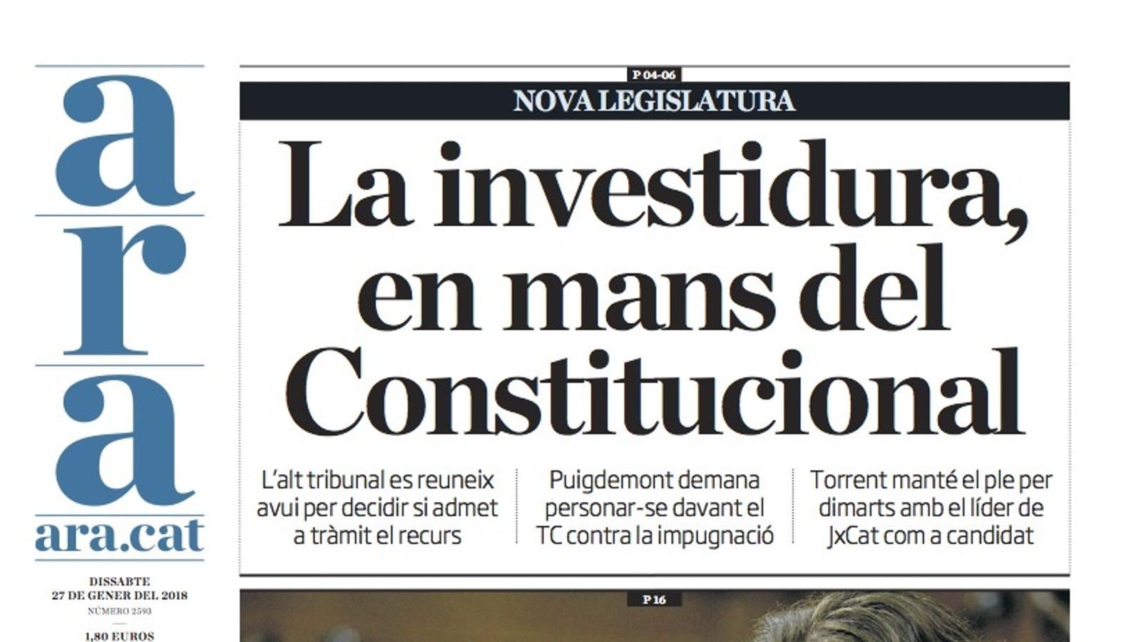 "La investidura, en mans del Constitucional", portada de l'ARA