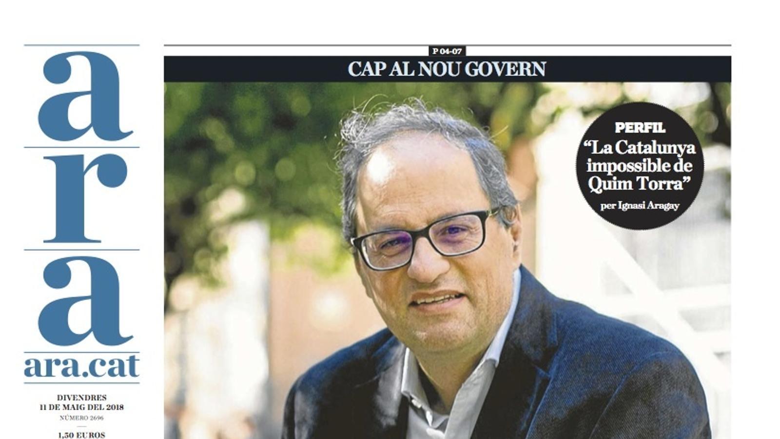 "Puigdemont designa Quim Torra", portada de l'ARA