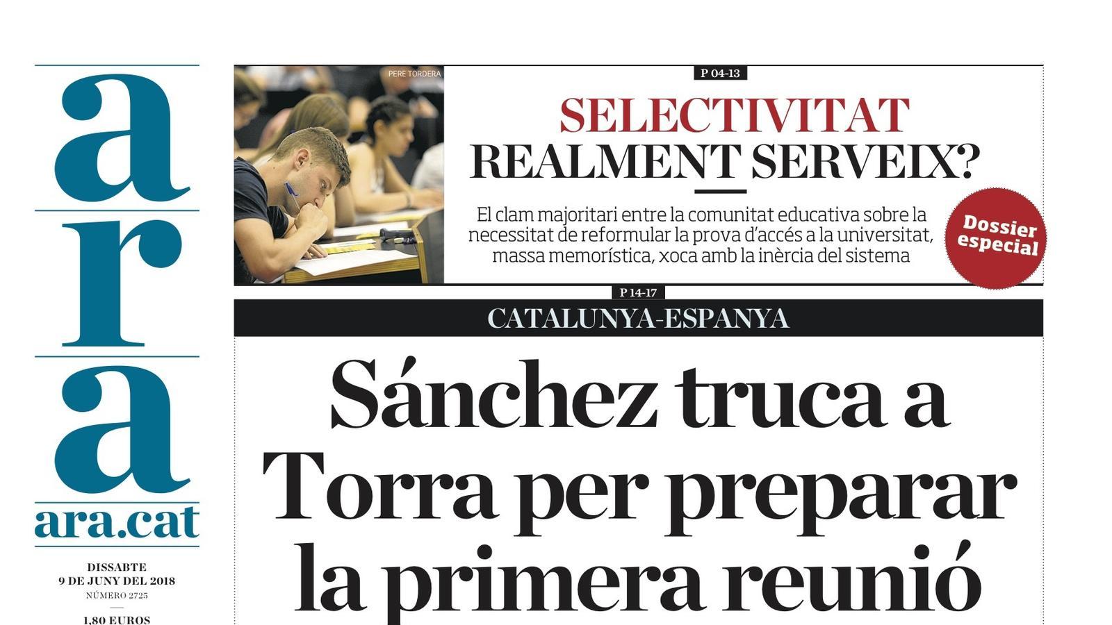 "Sánchez truca a Torra per preparar la primera reunió", portada de l'ARA