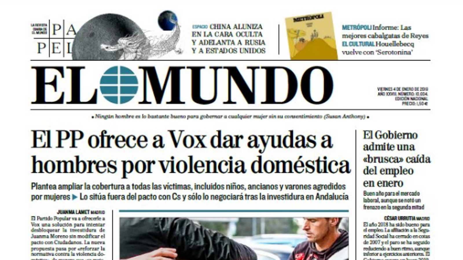 "El PP ofereix a Vox donar ajudes als homes per violència domèstica", a la portada d''El Mundo'