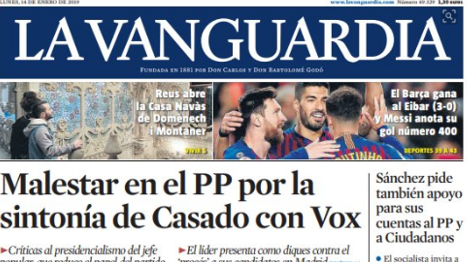 "Malestar al PP per la sintonia de Casado amb Vox", a la portada de 'La Vanguardia'