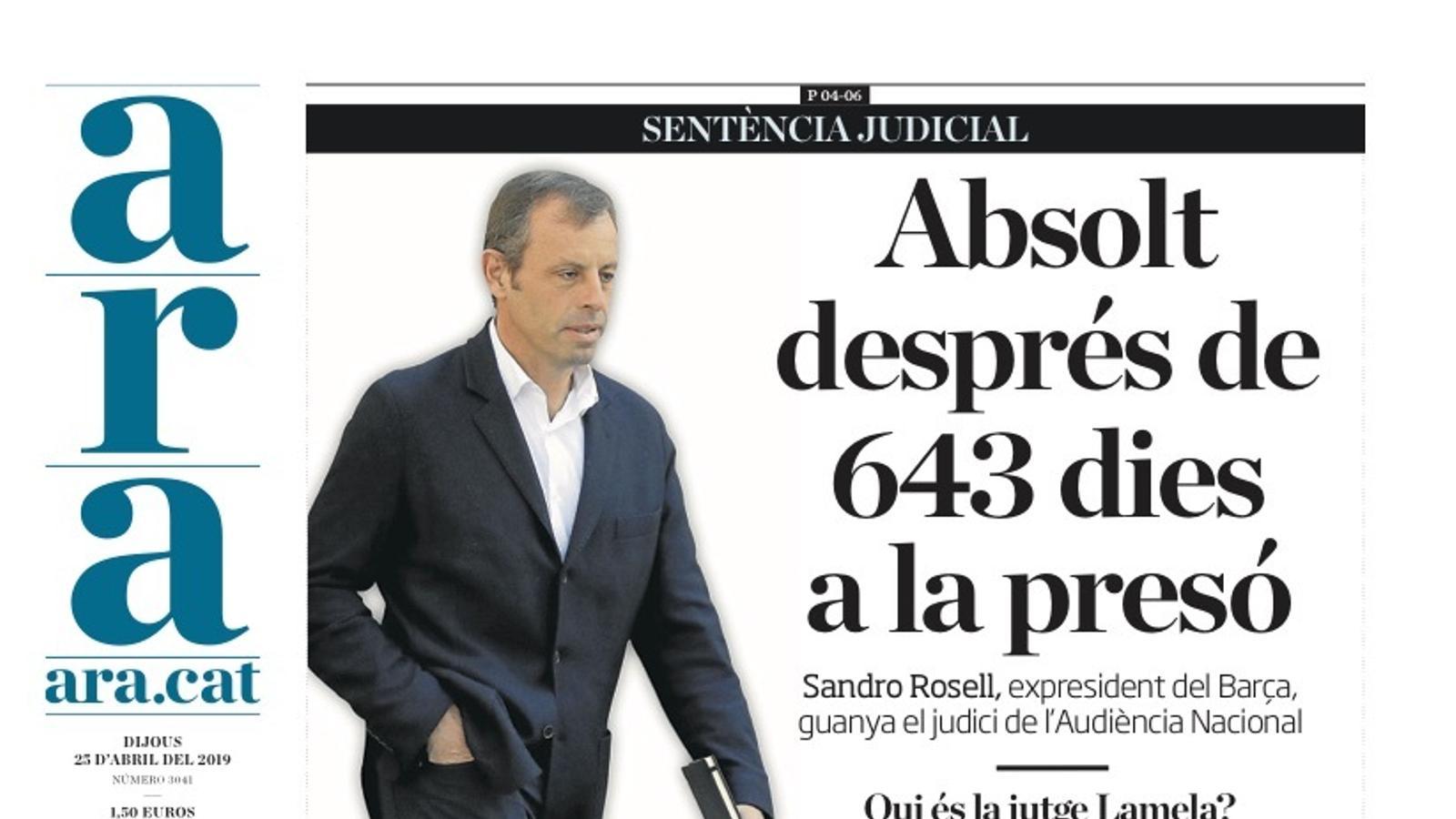 "Absolt després de 643 dies a la presó", portada de l'ARA