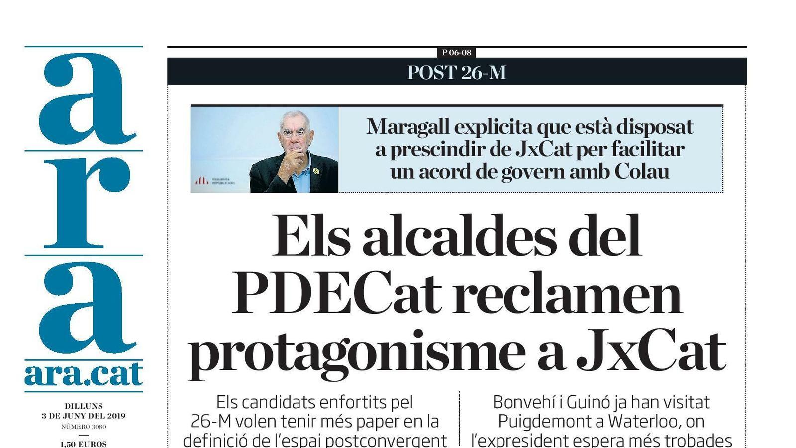 "Els alcaldes del PDECat reclamen protagonisme a JxCat", la portada de l'ARA