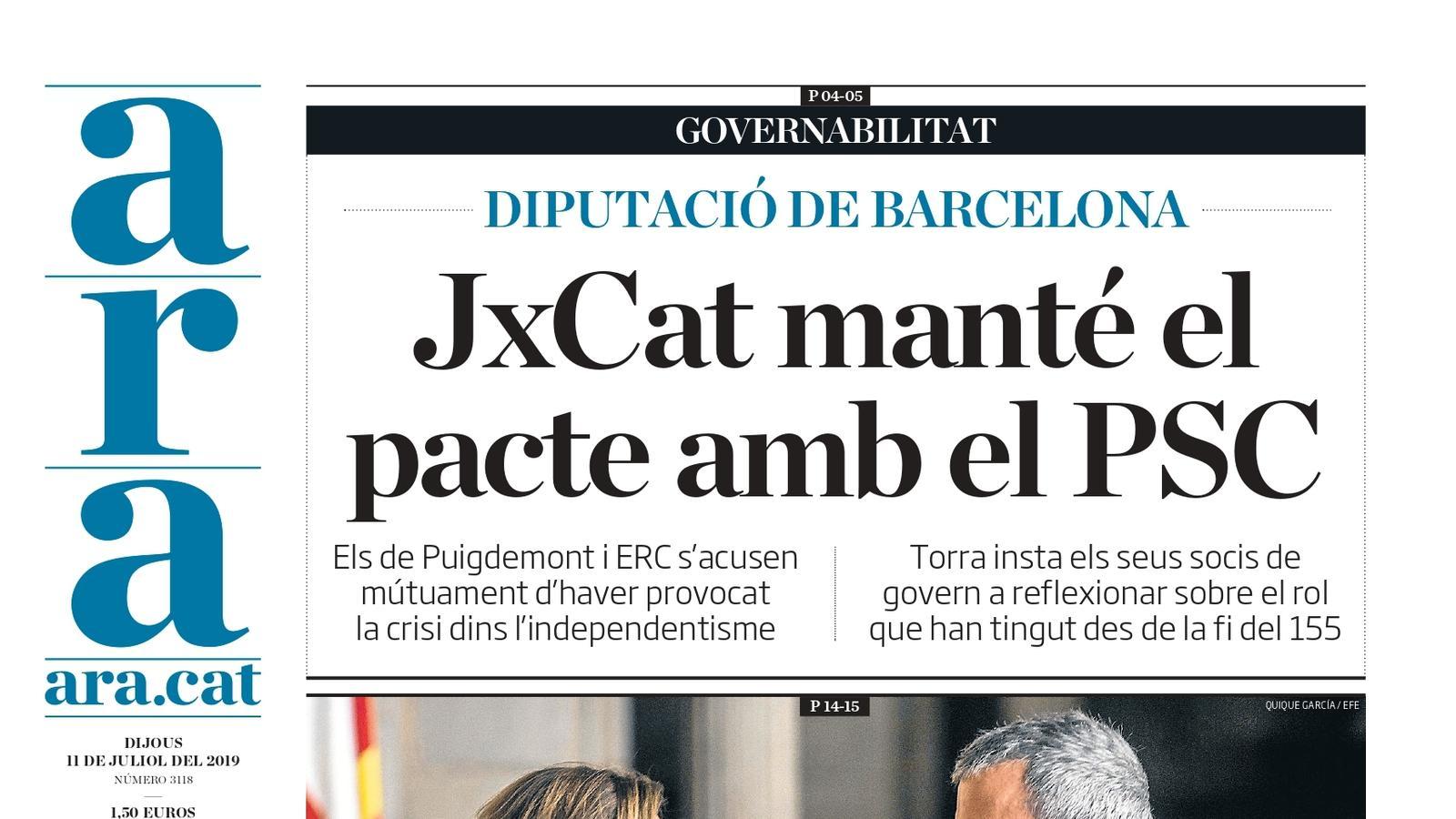 "JxCat manté el pacte amb el PSC a la Diputació", la portada de l'ARA