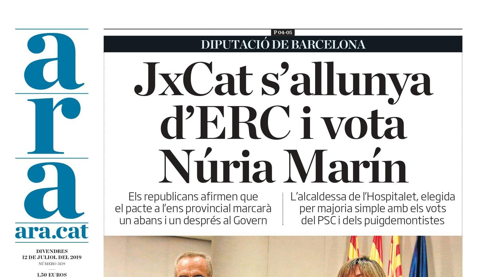 "JxCat s'allunya d'ERC i vota Núria Marín", la portada de l'ARA