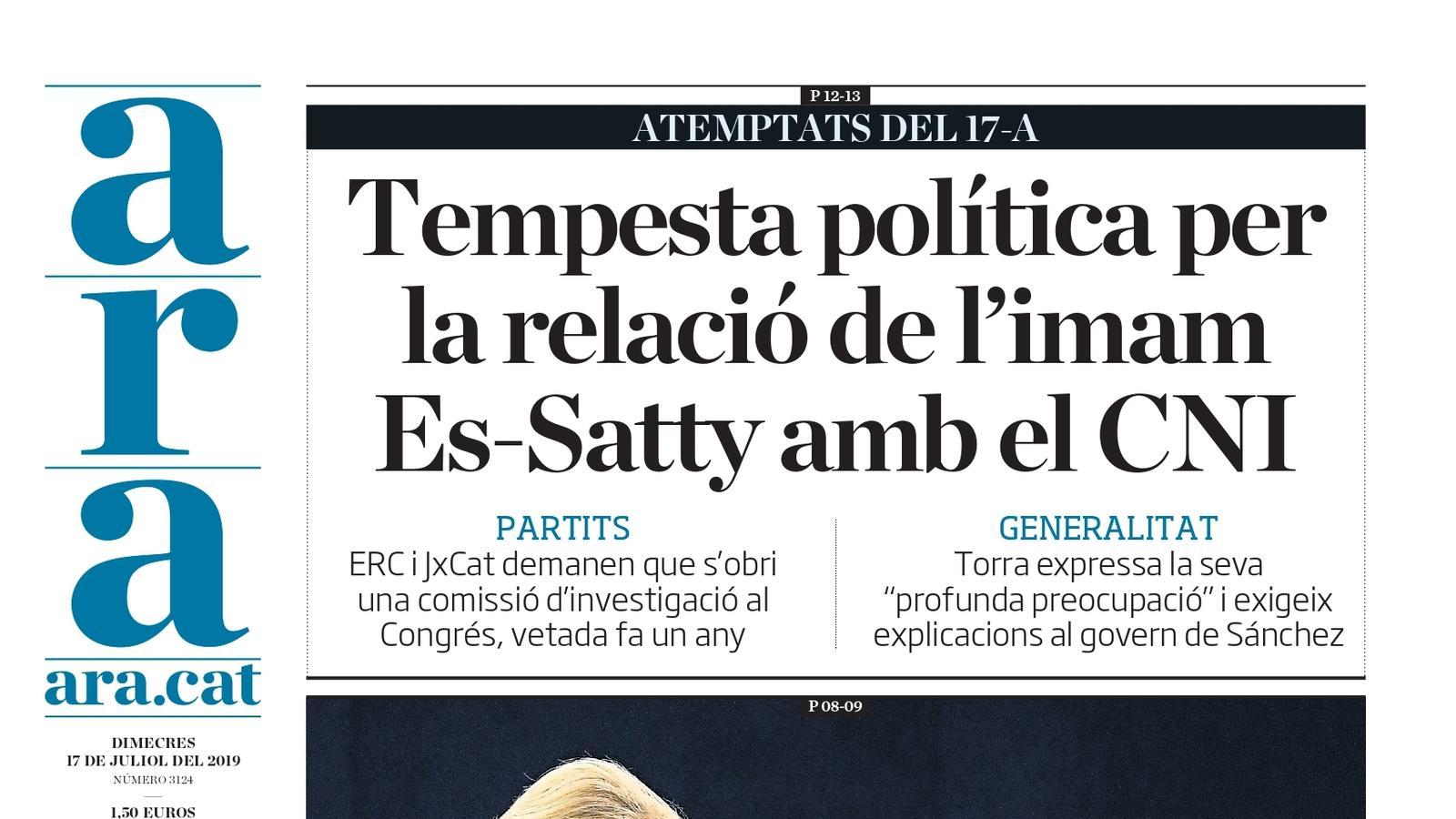 "Tempesta política per la relació de l'imam Es-Satty amb el CNI", la portada de l'ARA