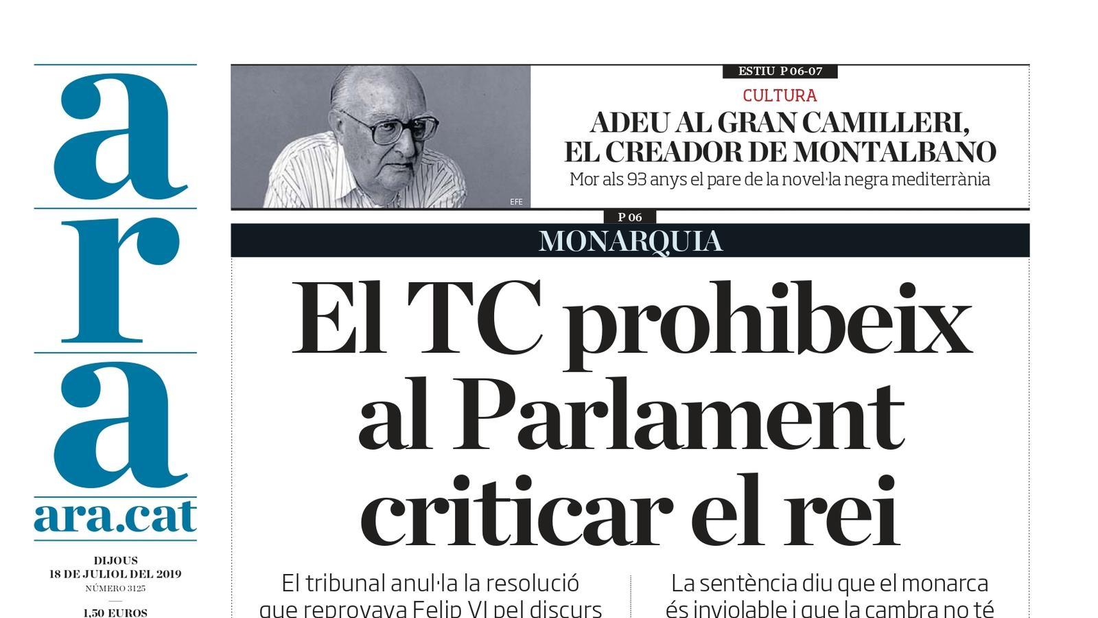 "El TC prohibeix al Parlament criticar el rei", la portada de l'ARA