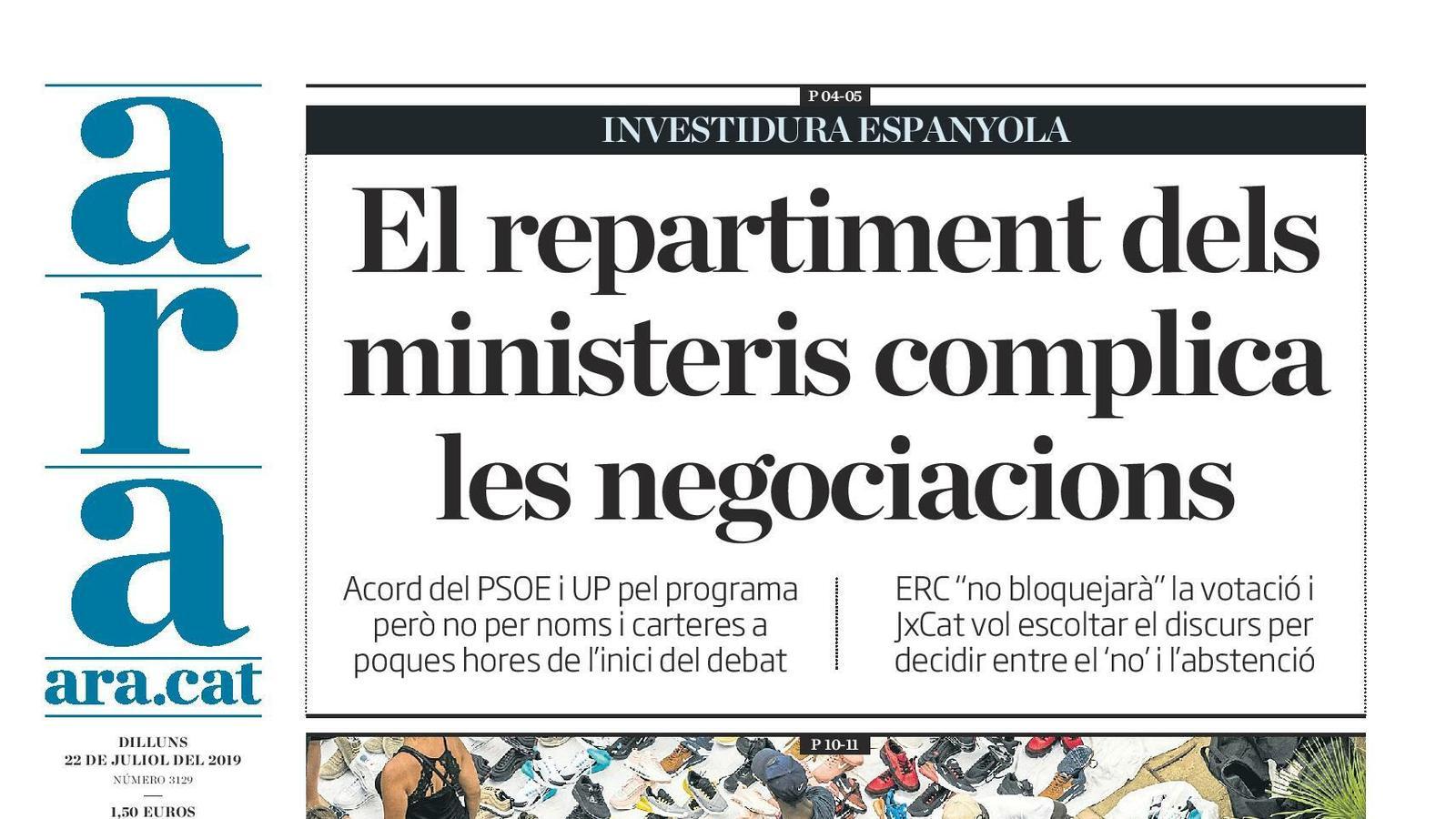"El repartiment dels ministeris complica les negociacions", la portada de l'ARA