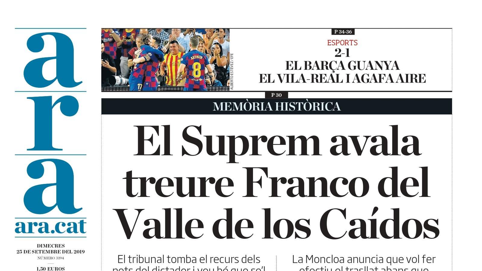 "El Suprem avala treure Franco del Valle de los Caídos", portada de l'ARA