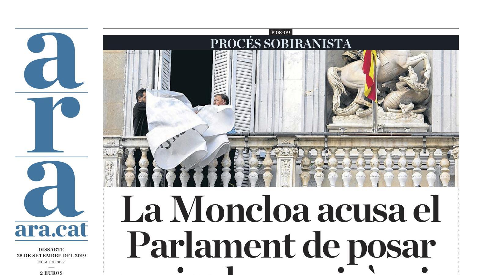 "Moncloa acusa el Parlament de posar en risc la convivència", portada de l'ARA