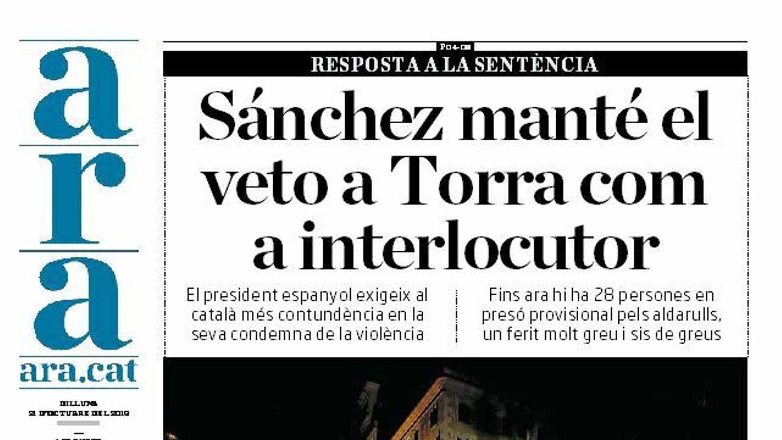 "Sánchez manté el veto a Torra com a interlocutor", portada de l'ARA