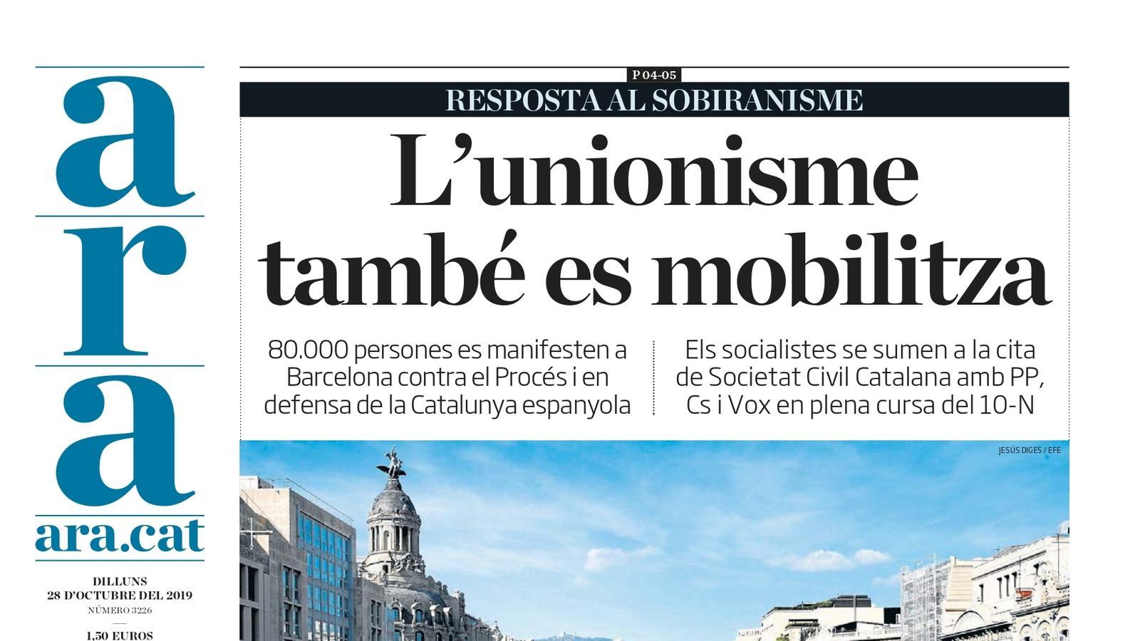 "L'unionisme també es mobilitza", la portada de l'ARA