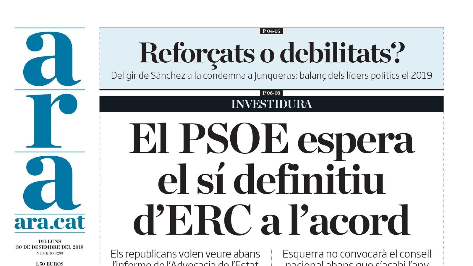 "El PSOE espera el sí definitiu d'ERC a l'acord", la portada de l'ARA