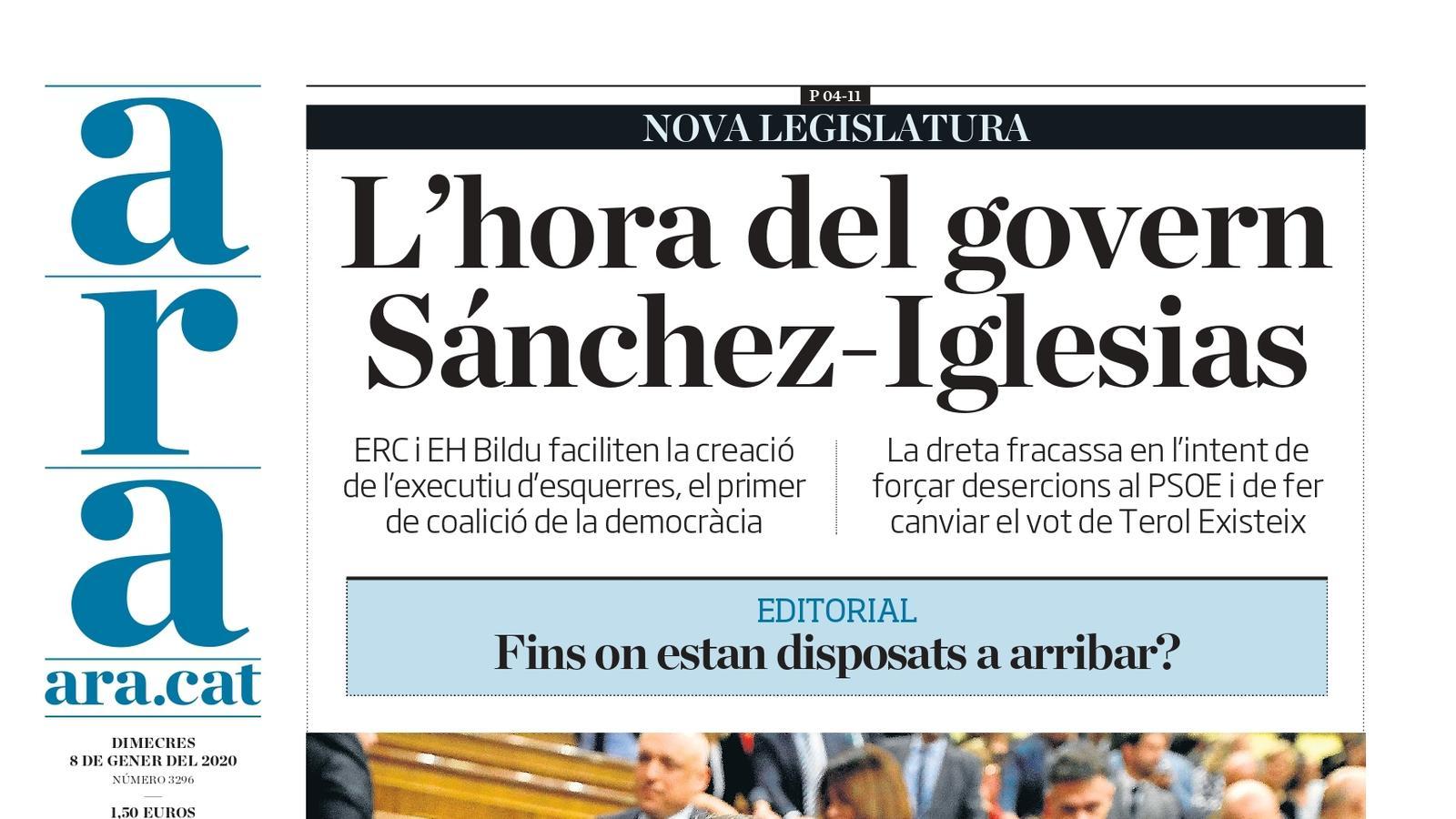 "L'hora del govern Sánchez-Iglesias", la portada de l'ARA