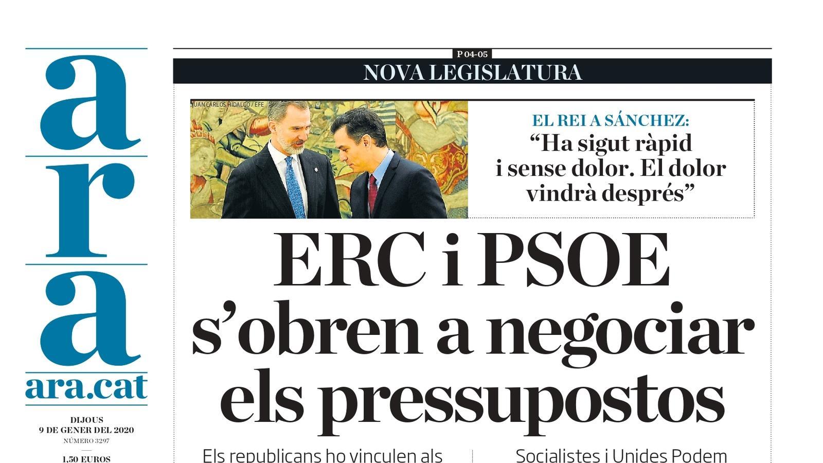 "ERC i PSOE s'obren a negociar els pressupostos", la portada de l'ARA