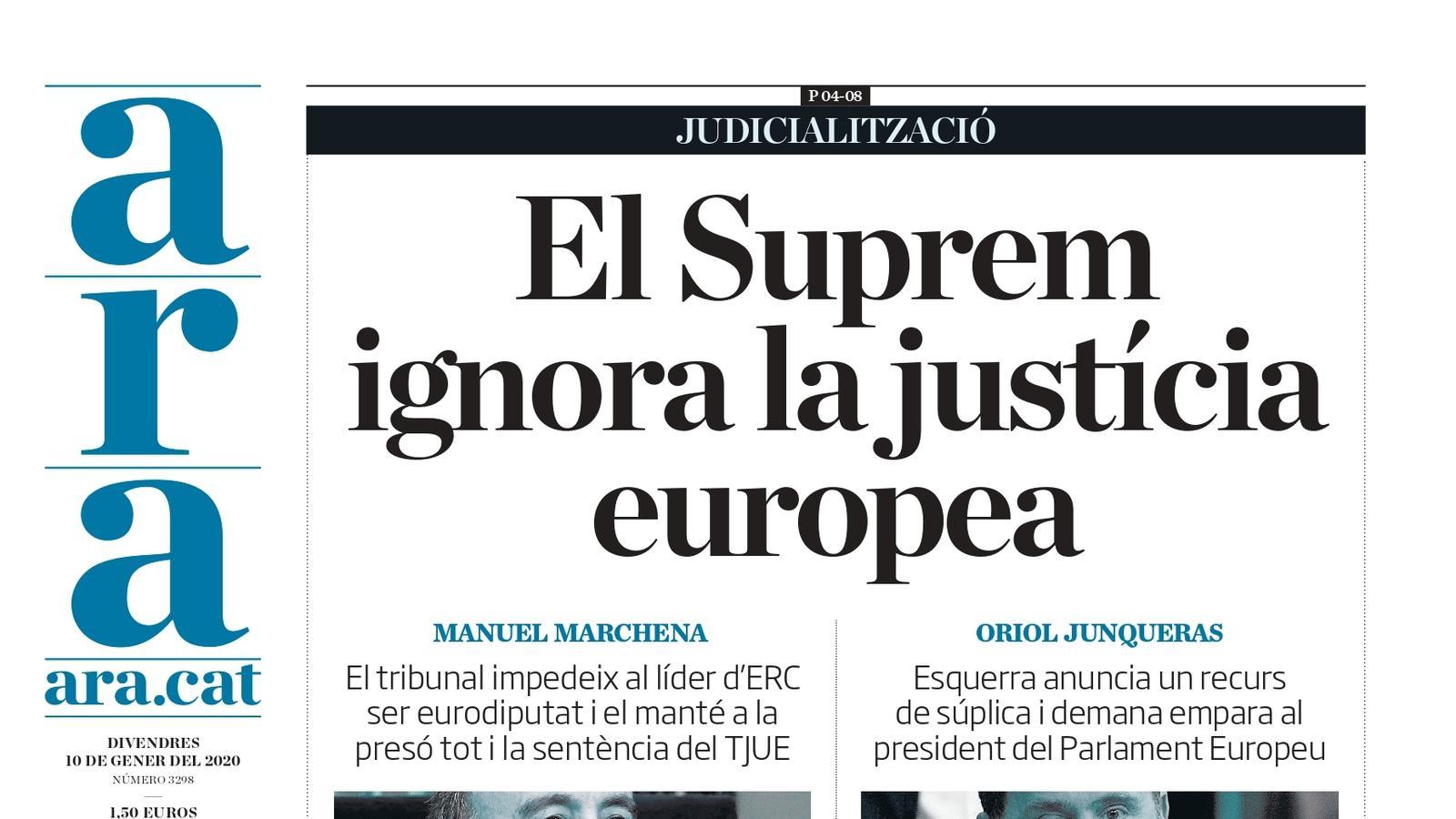 "El Suprem ignora la justícia europea", la portada de l'ARA