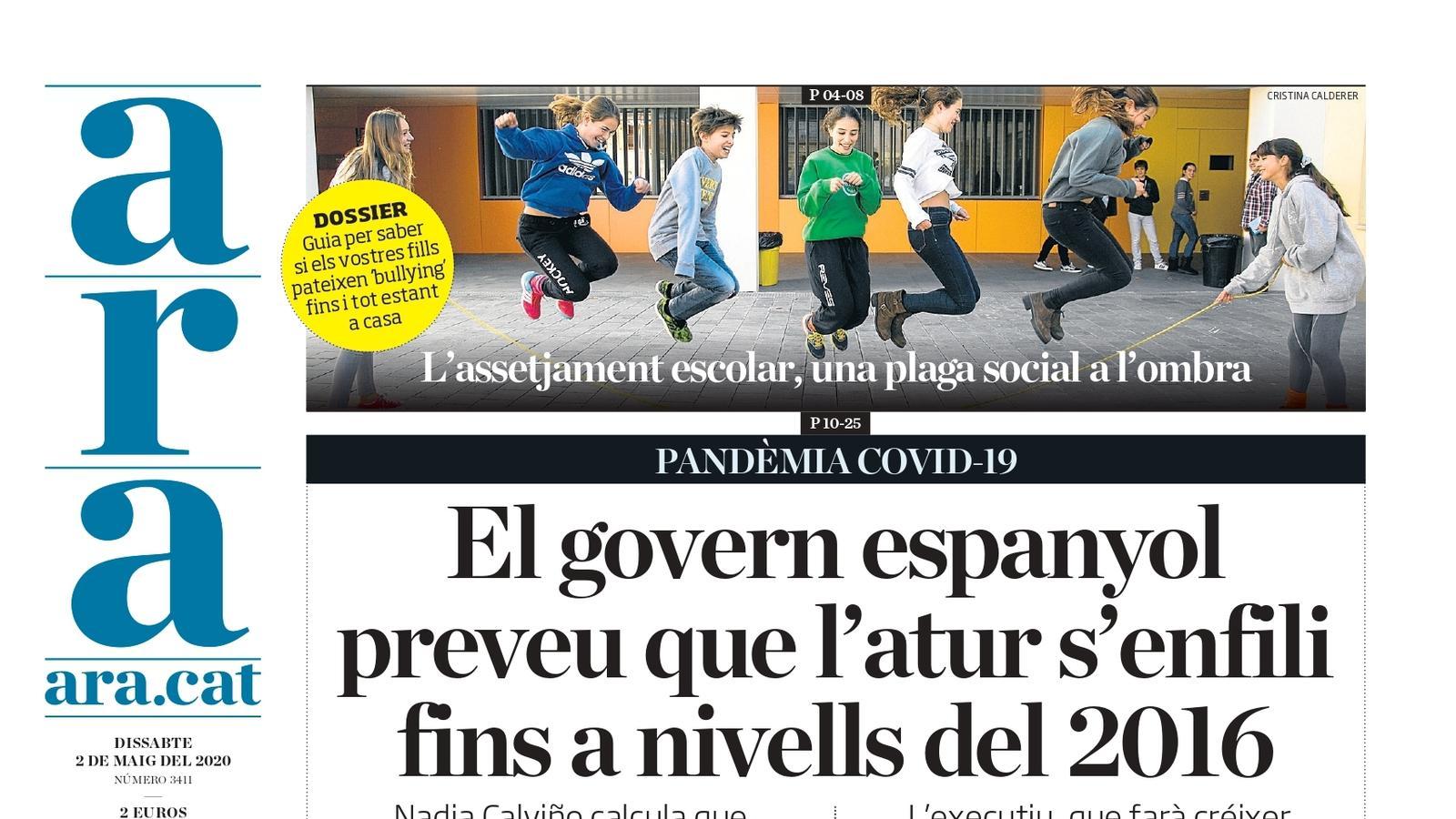 "El govern espanyol preveu que l'atur s'enfili fins a nivells del 2016", la portada de l'ARA