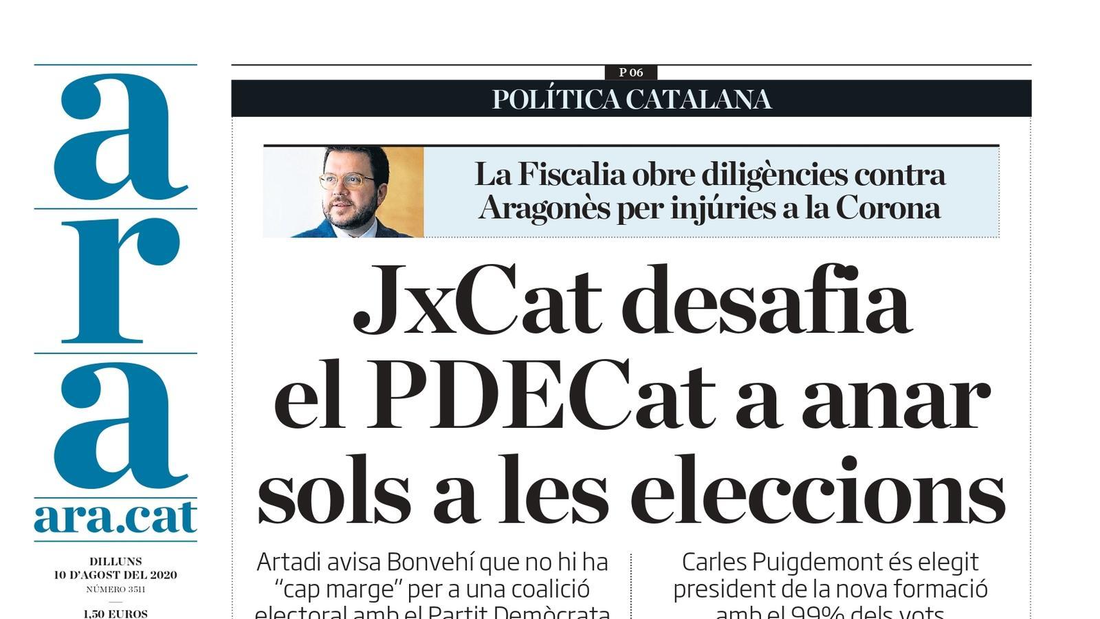 "JxCat desafia el PDECat a anar sols a les eleccions", portada de l'ARA